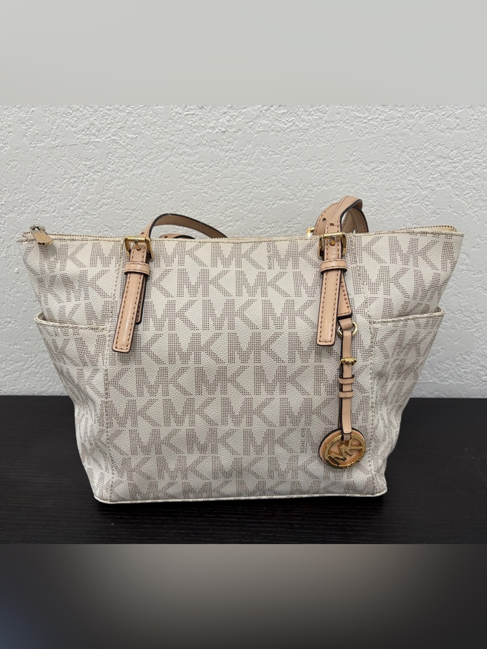 Michael Kors Beige and Tan MK Logo Canvas Tote